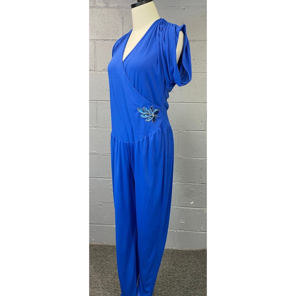 Vintage 1980s Royal Blue Drop Waist Jumpsuit Open Back Drop Waist Sequins Disco